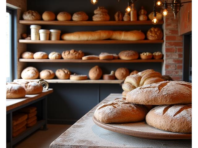 Authentiek interieur van een traditionele Belgische bakkerij met rieten manden en warme verlichting